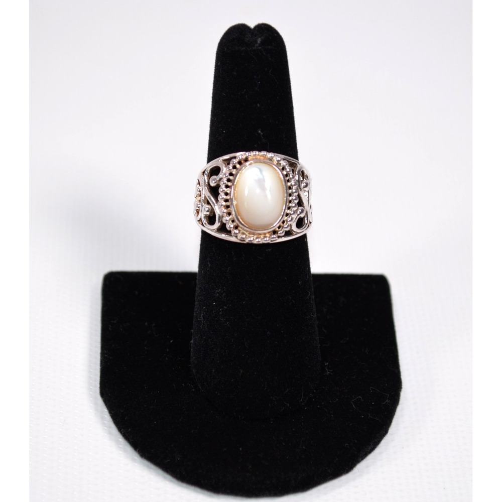 Vintage Signed RJ 925 Silver Ring - Size 7 -‎ Cutout Design Possibly Opal